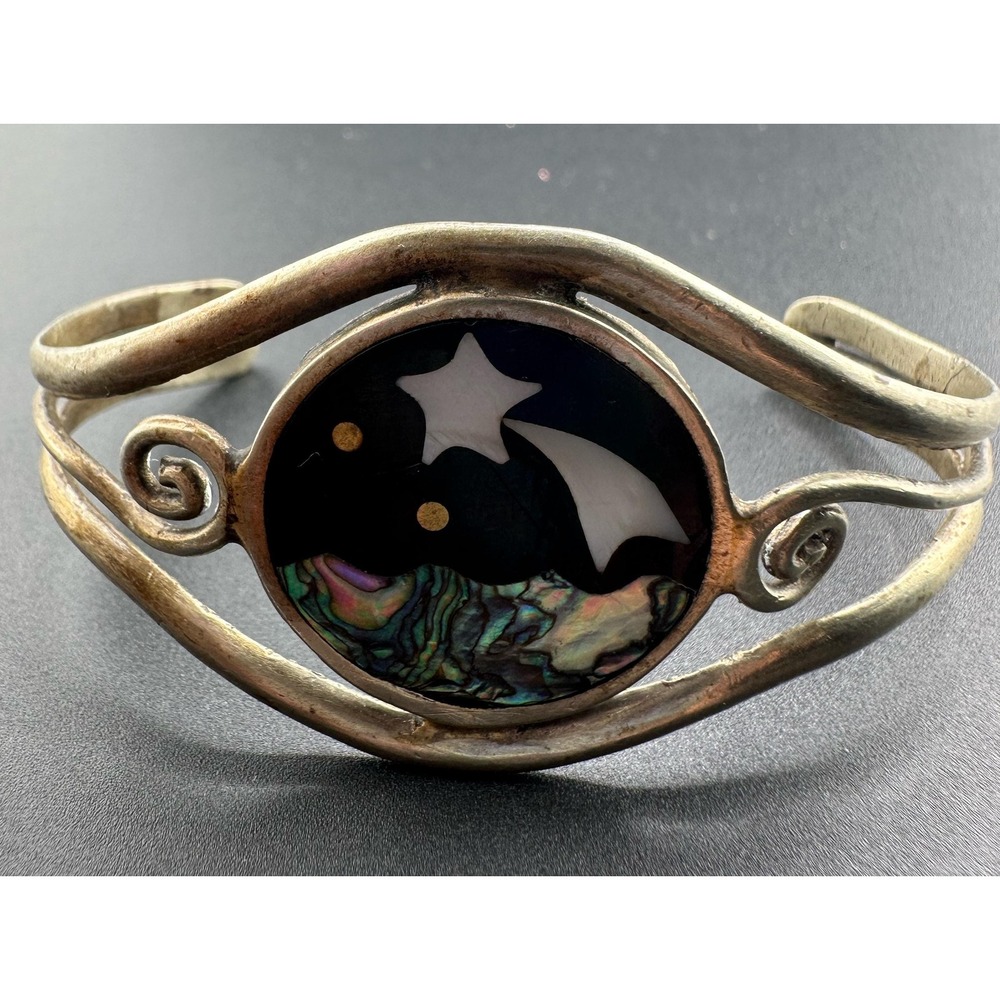 VTG 1960s 70s Artisan Sterling Silver Abalone MOP Celestial Shooting Star Cuff